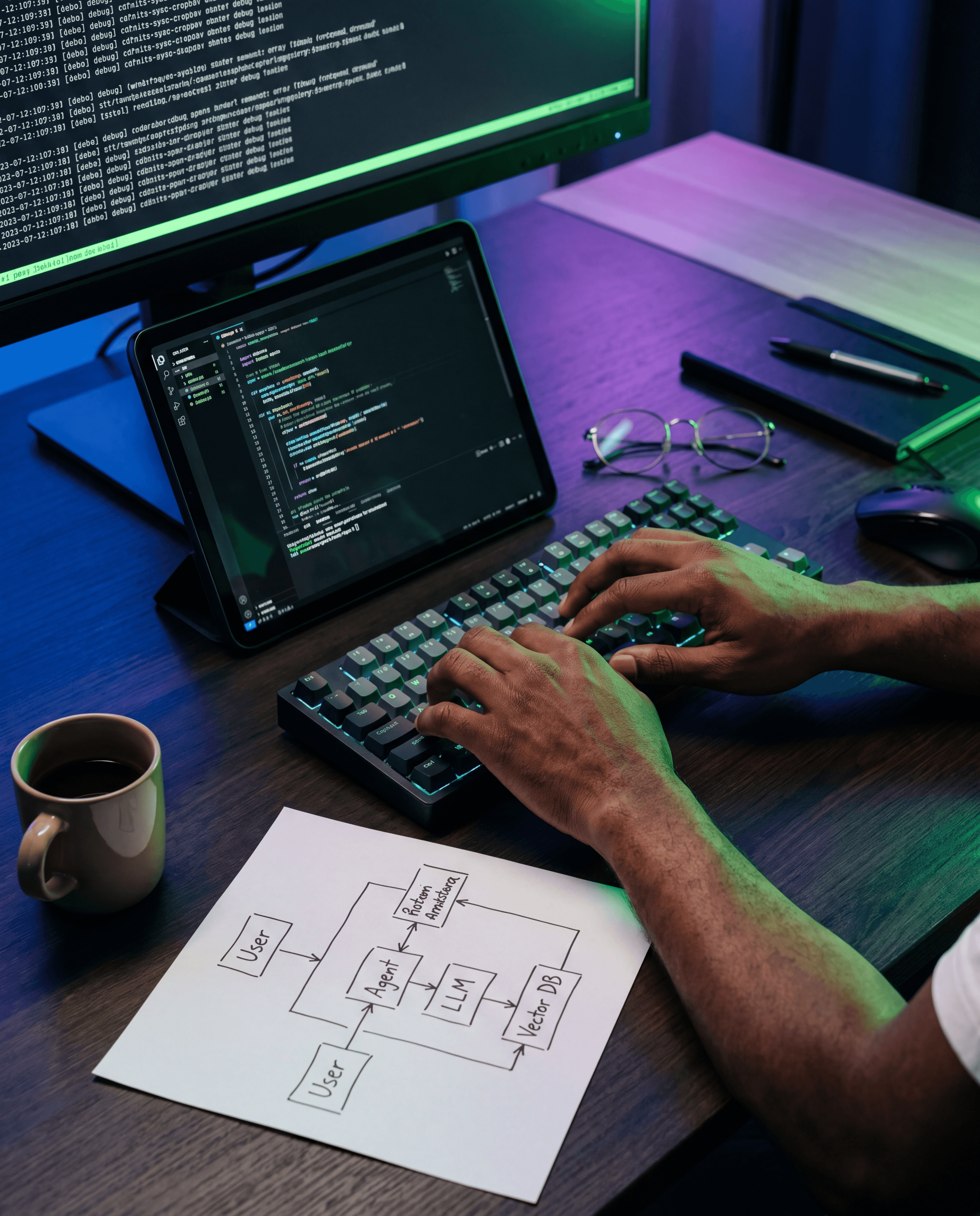 Bureau d'ingénierie IA, schéma d'architecture et terminal de debug