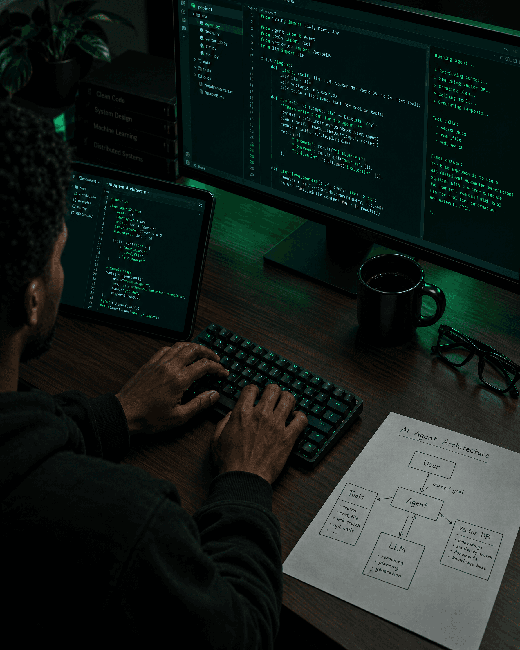 Mains sur le clavier, devant un schéma d'architecture d'agent IA dessiné sur papier
