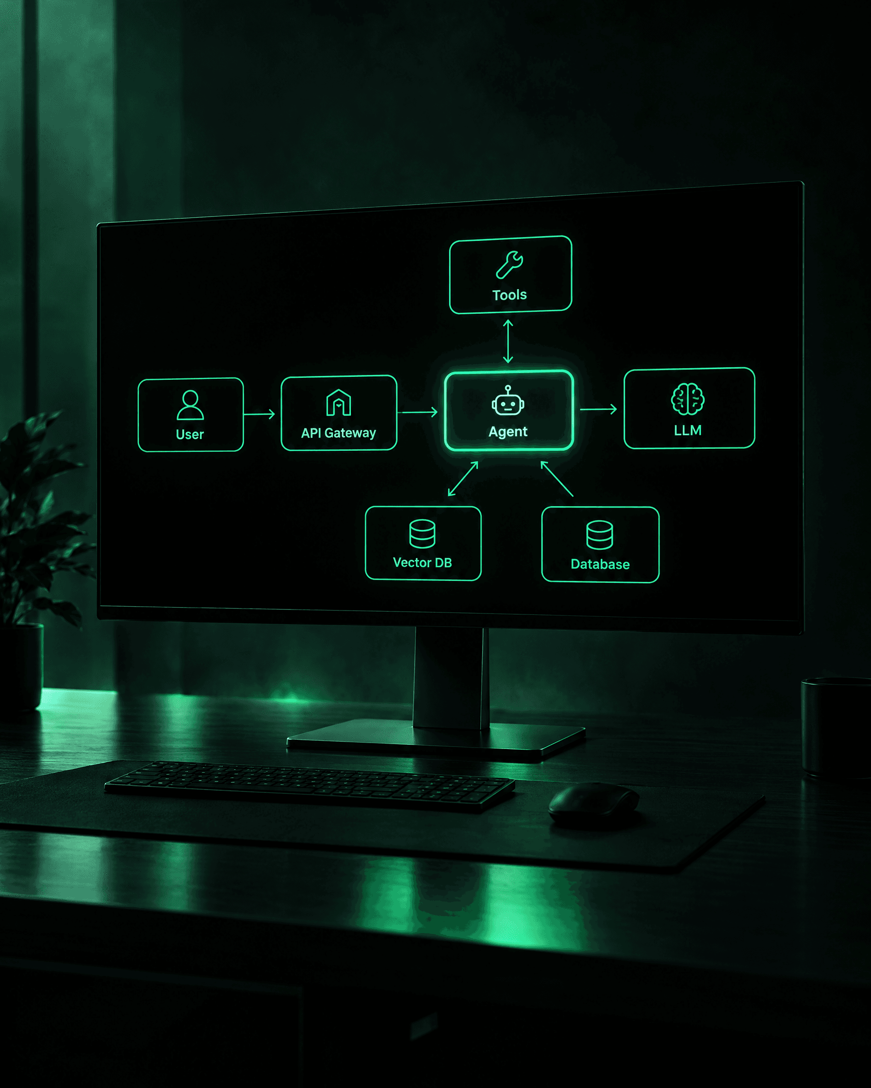 Écran affichant l'architecture d'un agent IA, en éclairage vert