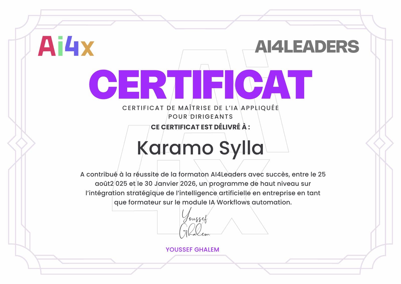 Certificat ALEADERS — AI Builder Automation Workflow décerné à Karamo Sylla